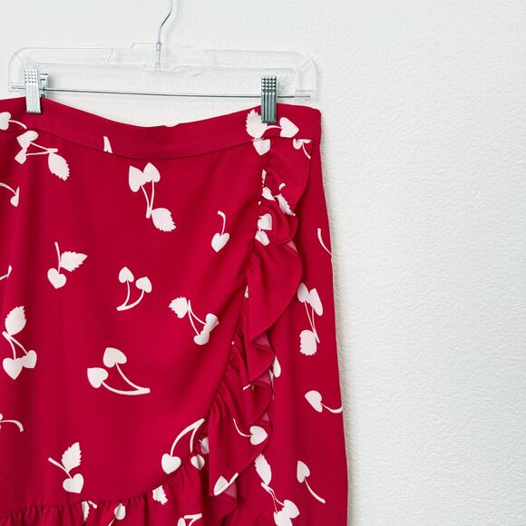 [ModCloth] It's A Wrap Red Cherry Heart Print Ruffle Faux Wrap Midi Skirt Sz 12 - Picture 4 of 11